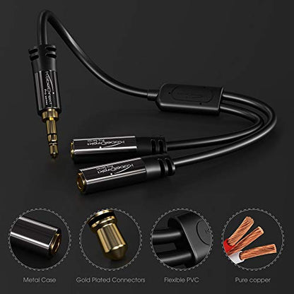 KabelDirekt – Y Adapter & Jack & AUX Splitter – 3.5mm | 1×3.5mm male to 2× female, connect two sets of headphones to a smartphone/tablet/notebook, stereo, 4in, black