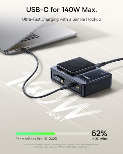 Baseus Nomos 5-in-1 Charging Station 140W, Qi2 Certified 15W Magnetic Wireless Charger with 100W Retractable Cable, GaN Fast USB C Desktop Charger for Magsafe, iPhone 16/15 Pro Max, MacBook Pro - size: 140W