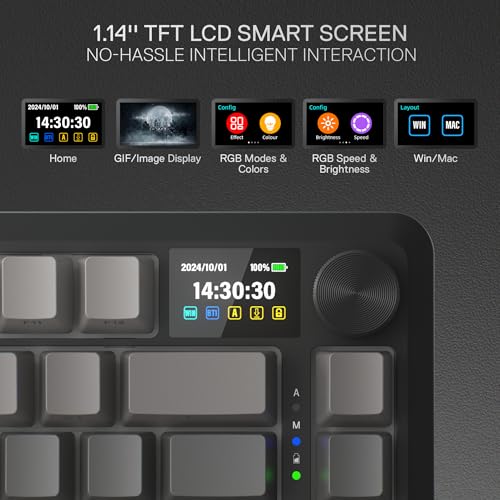 Redragon K724 PRO Wireless 81-Key Gasket Gaming Keyboard, TFT Screen & Knob | Easy-Control LED Info Display, 0-Delay Tri-Mode, Cushioned 5-Layer Noise Dampening for Creamy Thocky Sound, Compact 80% Size - color: Concrete Jungle, size: 81 Keys + LCD Screen