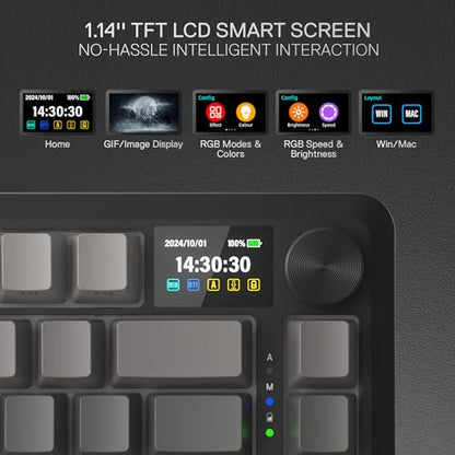 Redragon K724 PRO Wireless 81-Key Gasket Gaming Keyboard, TFT Screen & Knob | Easy-Control LED Info Display, 0-Delay Tri-Mode, Cushioned 5-Layer Noise Dampening for Creamy Thocky Sound, Compact 80% Size - color: Concrete Jungle, size: 81 Keys + LCD Screen