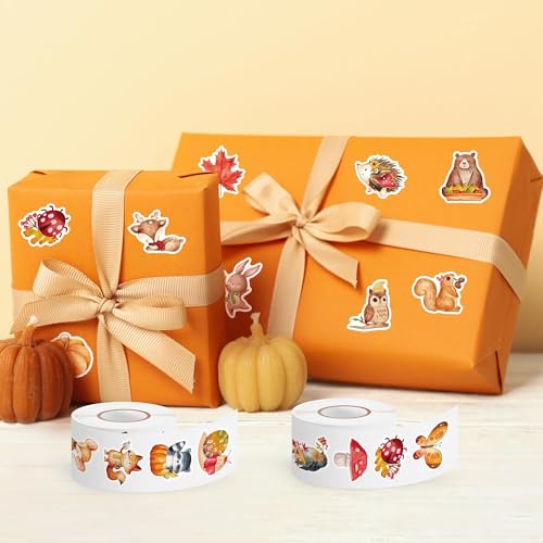 Haooryx Fall Animal Sticker Rolls - 1000Pcs Autumn Watercolor Forest Animal Stickers Self-Adhesive Vinyl Waterproof Thanksgiving Birthday Party Supplies Favor Gift Page Activity Pad Junk Journal Lover - style: Fall-Theme Animal 2Roll