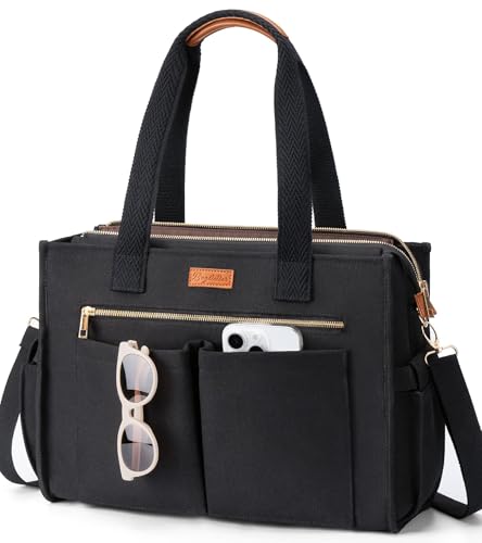 Canvas Tote Bag for Women, 15-Pockets Work Laptop Tote Purse Large Crossbody Nurse Teacher Bible Bag for School Travel Daily | with Strap & Zipper - color: L1.black, size: Large-15.6inch
