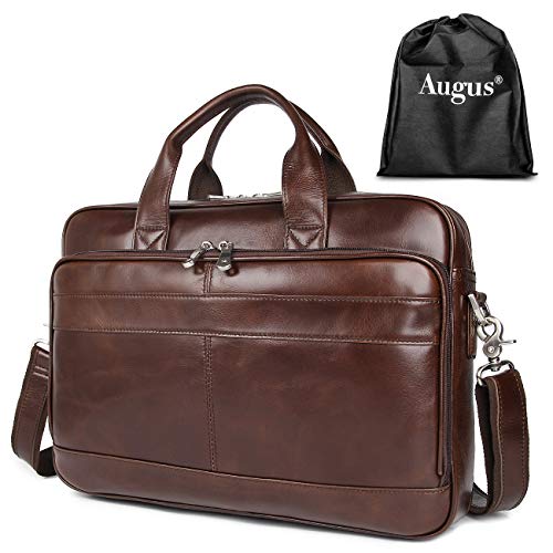 Augus Leather Briefcase for Men, 16 Inch, Full-Grain Leather, YKK Zipper - color: Brown Coffee
