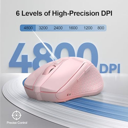 TECKNET Wireless Mouse (2.4G & BT5.0/3.0) Silent 4800 DPI Computer USB A & Bluetooth Mouse 6 Buttons, Wide Compatibility - Pink - color: Pink