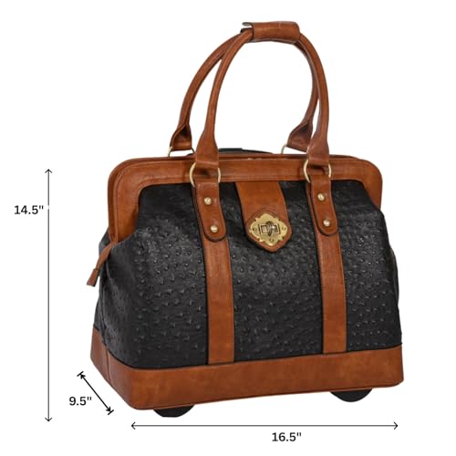 JKM & Company Rolling Laptop Bag for Women | Designer Wheeled Briefcase | Fits 13-17" Laptops | Office Travel Computer Case - color: Black (Ostrich)