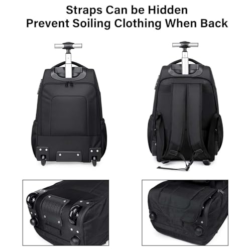 Rolling Backpack, 17 inch Laptop Backpack with Wheels Combination Lock, Carry on Luggage Business Bag, Travel Roller Backpack