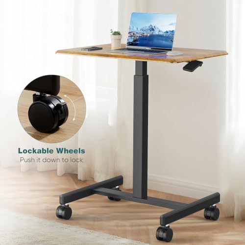 DUMOS Mobile Small Standing Desk, Portable Rolling Laptop Desk with 2 Lockable Wheels, Adjustable Height Computer Workstation for Home Office, 19 Inch Brown - color: Brown