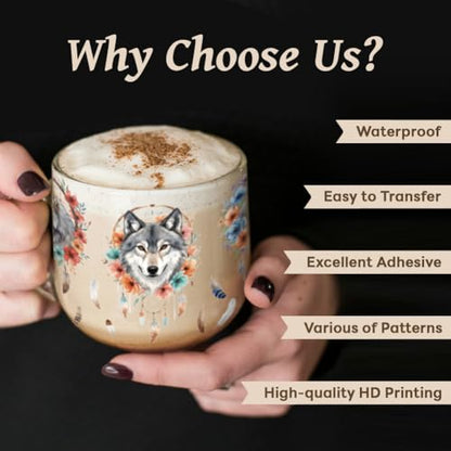 Peacoblue UV DTF Cup Wraps Transfer Stickers Wolves with Dreamcatchers and Mountains Pattern, 10 Sheets Waterproof Custom Transfer Sticker 16oz Coffee Glass Tumbler Bottle Mug Decals for Men Women - style: Wolves with Dreamcatchers and Mountains