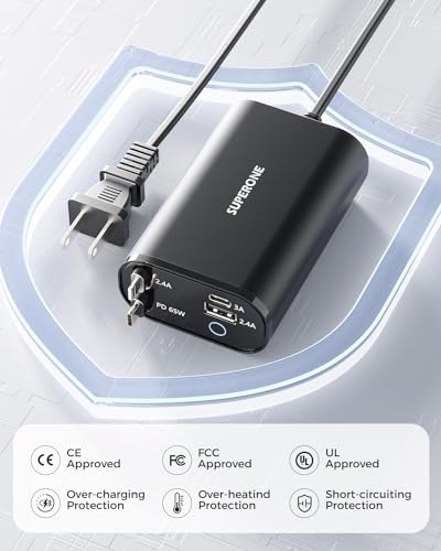 SUPERONE Retractable Charger, 104W GaN Desktop Charger, PD 65W for Laptop | 4 in 1 Compact Charging Station, Retractable USB C & Apple Cables, 5FT Extension Cord, Fast Charging for iPhone/Pixel/MacBook