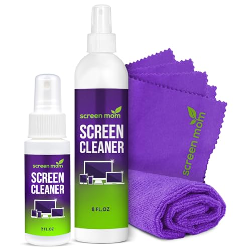 Screen Mom Screen Cleaner Spray 8oz & 2oz for TV, Car, Laptop and Computer | Streak-Free Formula, Alcohol & Ammonia Free, 4 Microfiber Cloths, Cleans TVs Phones Tablets Glass OLED, Residue-Free Cleaning - size: 8oz & 2oz