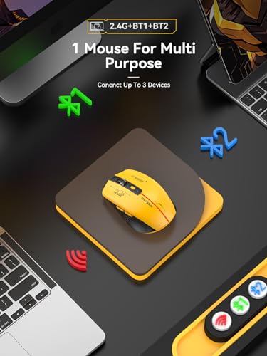 RAPIQUE Bluetooth Wireless Mouse - (BT1/BT2+USB Receiver) Tri-Device Compatibility for PC, Laptop, Computer, MacBook, Tablet (Black and Yellow) | 3-Device Switching, USB-C Rechargeable, Quiet Clicks, 800/1200/1600 DPI, 6 Buttons, Ergonomic Grip, For Lapto