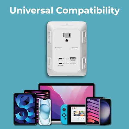 PD USB Wall Charger Surge Protector, 5 Outlet, (White) | Extender 2 USB C & 1 USBA Charging Ports, Fast Charge 3 Sided Power Strip Multi Plug Outlets Wall Adapter for Home Office - color: White