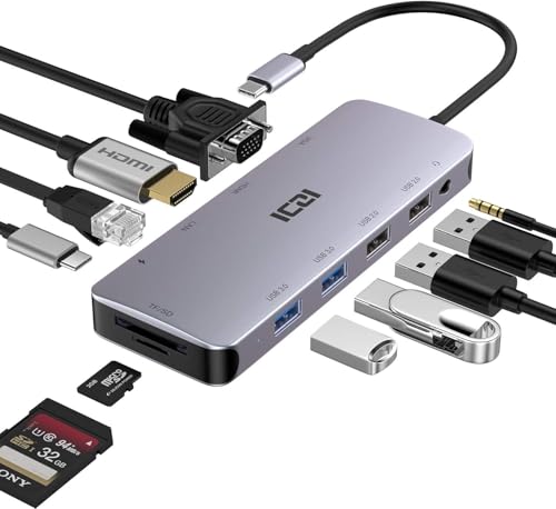 ICZI USB C Hub, 11 in 1 Docking Station Multiport Adapter with 1*HDMI/VGA/Ethernet, SD/TF Card Reader, 4*USB Port, 100W PD and 3.5mm Audio Jack Compatible with MacBook, Dell/HP/Lenovo Laptop, Surface - size: 1*hdmi