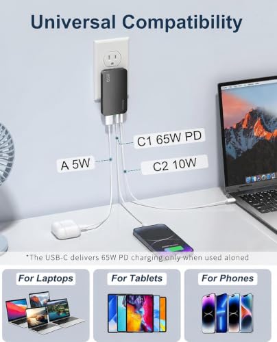 65W GaN USB C Wall Charger Block,3 Port Ultra Thin Flat USB-C Charging Plug,Foldable USB Power Adapter for MacBook,iPhone 15/16,Samsung (Gray) - color: Gray