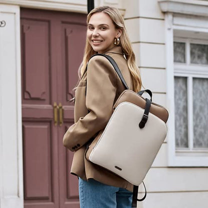 CLUCI Leather Backpack for Women, 15.6 inch Laptop Bag, Large Genuine Work Backpack Travel Back - color: 0-0 A-beige With Apricot and Black（pu Leather)