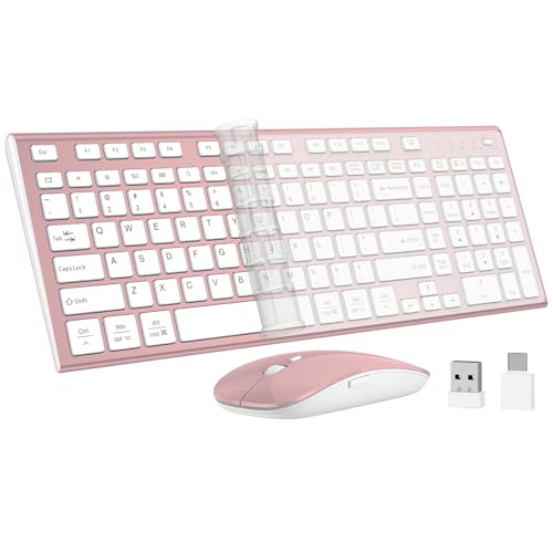 Wireless Keyboard and Mouse, GALENMORO Silent Quiet Combo Low Profile USB C Full Size Compact with Number Pad Flat Soft Touch Cordless for Mac Computer PC Laptop MacBook iMac Office - Pink Rose Gold - color: Rose Gold Pink