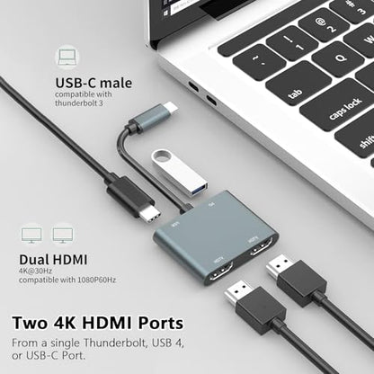 USB C to Dual HDMI Adapter - 4K@30Hz Dual Monitor HDMI Adapter | USB to HDMI Adapter with 100W PD Charging, USB3.0 5Gbps & Thunderbolt 3 Compatible for Laptop/Tablet