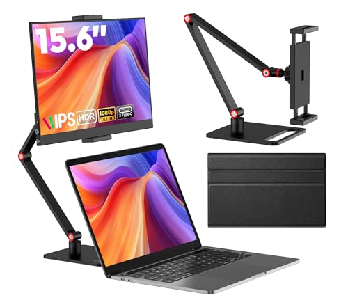 15.6” Portable Monitor with Adjustable Stand, 1080P FHD IPS Screen Extender, USB-C/HDMI Port, Ultra Slim Travel Monitor with Eye Protection, Plug and Play for Laptop/PC/Mac/Android/Switch/PS5 - color: dark brownish-black