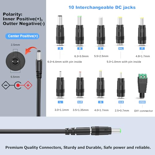 20V 1.5A 1A Charger Power Supply Adapter with 10 Interchangeable Jacks UL | Power Cord 20V 30W 20 Volt 1500mA 1000mA 800mA 500mA DC Adaptor PERFEIDY