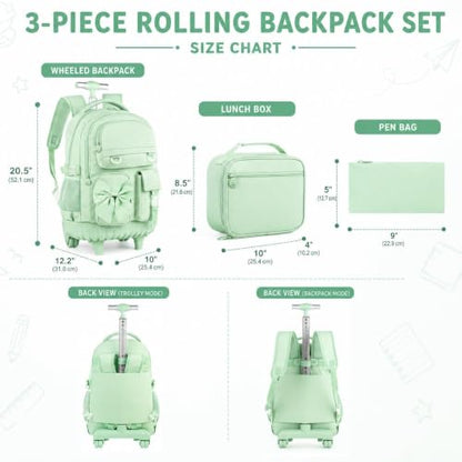 3Pcs Rolling Backpack for Girls Women, School Kids Roller Bookbag with Wheels, Wheeled Backpacks Set for Elementary (Green) - color: Bow Green