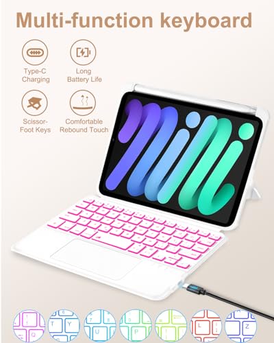 EAMPANG Case with Trackpad Keyboard for iPad mini 7th(A17 Pro, 2024)/6th Generation 8.3 inch,7-Color Backlit Wireless Keyboard Magnetic Detachable Multi-Angle Stand Cover for iPad mini 6 7 White - color: White