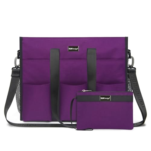 TOPDesign Utility Water Resistant Tote Bag with 22 Pockets, Top Zipper Closure & Thick Bottom Support, for Working Women - color: Purple, size: Medium