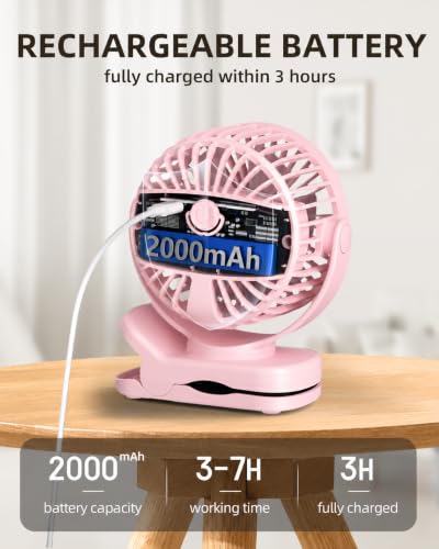 TUNISE Mini Clip on Fan, Battery Operated Desk Fan, Digital display，3 Speeds Adjustable, Bidirectional 360 ° Adjustable, Super Strong Wind, Portable Fan for Home, Office, Camping - color: Pink