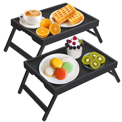 Artmeer FSC 100% Bamboo Bed Trays, Medium, 2-Pack, Black | Two FSC 100% bamboo bed trays with folding legs and handles for meals, reading, laptops and serving in bed. - color: Black, size: Medium (Pack of 2)