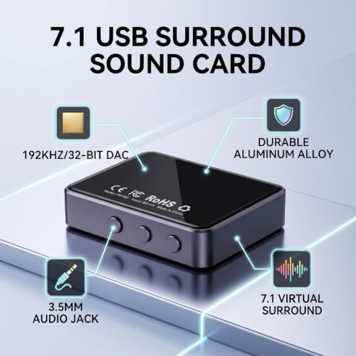 7.1 USB / 3.5mm Surround Sound Card, 192kHz / 32bit DAC | External PC Gaming Sound Adapter, Aluminum Alloy HiFi Audio Dongle for FPS, Laptop & Desktop