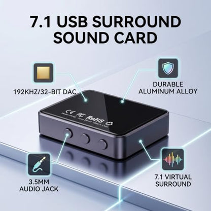 7.1 USB / 3.5mm Surround Sound Card, 192kHz / 32bit DAC | External PC Gaming Sound Adapter, Aluminum Alloy HiFi Audio Dongle for FPS, Laptop & Desktop