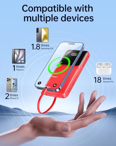 RONEGN Portable Charger with Built in Cable -20000mAh Fast Charging Power Bank USB C Slim 22.5W LED Display Battery Pack 5 Outputs & 3 Inputs for Travel Essentials iPhone Samsung Phones Red - color: Red