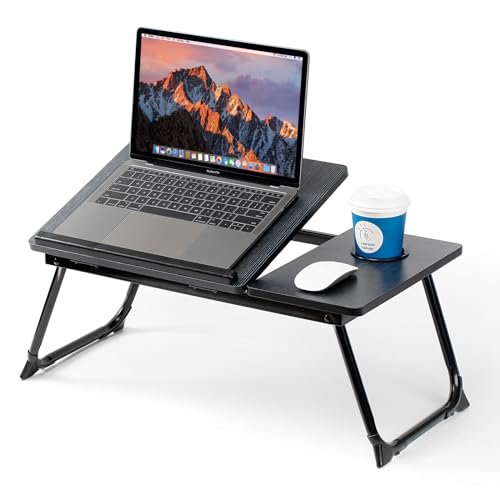 Laptop Desk for Bed Couch, Adjustable Foldable Bed Table with Cup Holder, Breakfast Serving Tray, Portable Laptop Lap Desk Stand for Working Reading Writing Eating Gaming in Bed Sofa Floor(Black) - color: Black