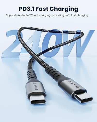 Sharge 240W USB-C Fast Charging Cable, 4.9ft Braided, PD3.1, Ultra-Durable for Laptops, Smartphones, Tablets, Steam Deck, Switch & More
