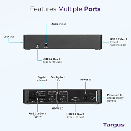 Targus USB C Docking Station Universal DV4K, USB C Laptop Docking Station Dual Monitor 2 HDMI, with Legacy Host Power Kit, Works w/Operating Systems Like Windows, Mac, Android, iOS (DOCK192USZ) - size: Dual Monitor 4K, 10 Gbps, 100 Watt