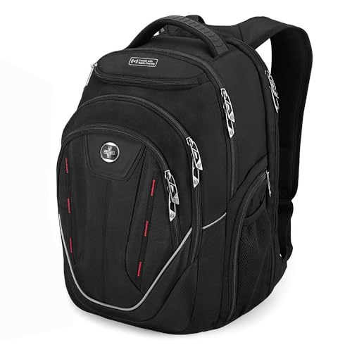 Swissdigital Design TSA Laptop Backpack Men's USB Charging Port Large Capacity Business Travel Backpack Black| With Apple Find My Network Black/Red | J16BTFB-41 - color: Black/Red With Sdd Finder