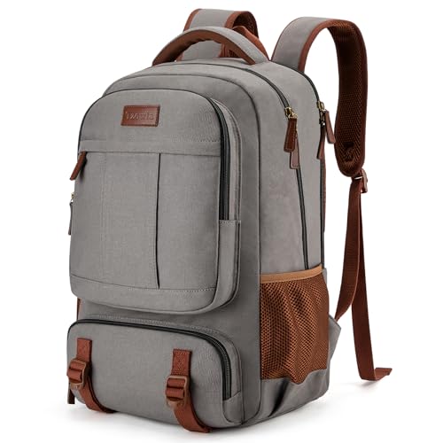 Tzowla Canvas Laptop Backpack, Bag for Men Women,Travel Work Rucksack Fits 17.3 Inch Laptop, Large Capacity Bookbag(Khaki- Grey) - color: A-khaki-grey, size: 17.3inch