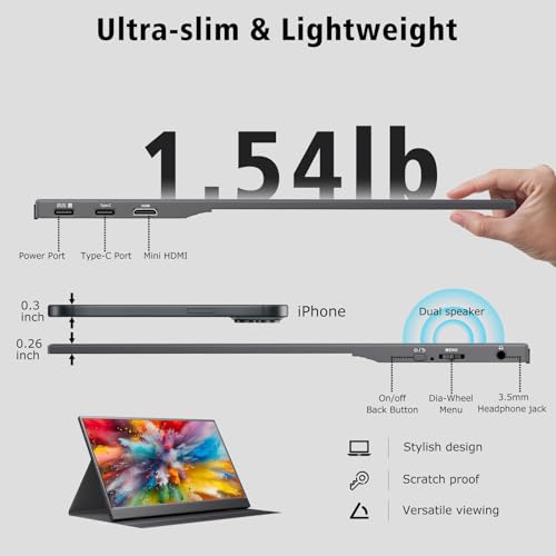 15.6inch Portable Monitor 1080P FHD IPS Gaming Display Monitor with USB-C & HDMI Light Weight Ultra-Slim External Second Screen with Smart Cover & Speakers for Laptop，PC, Mac, Phone, PS5, Switch - size: 15.6" Cover
