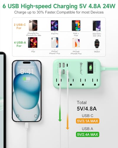 6 USB(2 USB C) Green Travel Power Strip 4 Outlets 5Ft Green Extension Cord | 5FT Green Extension Cord,2 USB C Charging Station,4 Outlets,Cute Desk Accessories,Switch,Kawaii Home Office College Dorm,24W - size: 5 FT(Green-24W USB-980J)