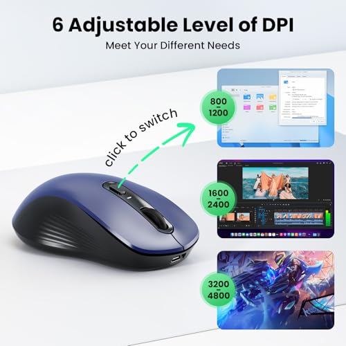 TECKNET Rechargeable Bluetooth Mouse, [ USB + BT5.0 + BT3.0 ] Wireless Mouse, Ergonomic Design, Silent Click, 6-Level 4800 DPI Wireless Mice, 3-Device Switching for Laptop, Computer, MacBook（Blue） - color: Blue