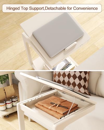 AQIMUELE Wooden C-Shaped End Table,Couch Table with Adjustable Desktop,Small Rolling Side Table with 2 Lockable Wheels,Small End Table for Couch, Living Room,Bedroom (White) - color: White, size: 15.6"D x 15.7"W x 24.8"H, style: Modern 2 Tier