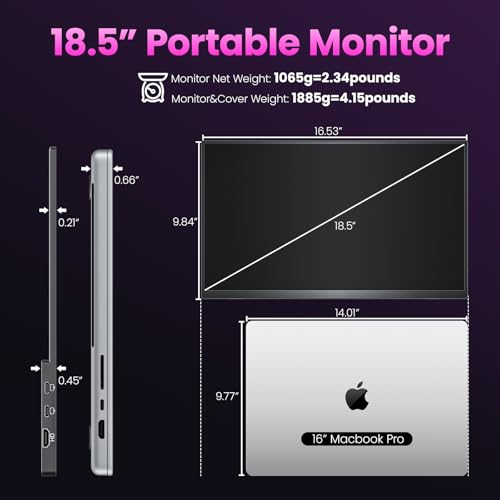 Upperizon Portable Monitor 18.5 inch FHD 130% sRGB 100Hz HDR HDMI USB-C Travel Monitor for Laptop MacBook PC Surface PS5 Xbox, Large External Display with Cover & Speakers, VESA Compatible - size: 18.5 inch