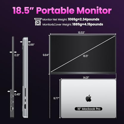 Upperizon Portable Monitor 18.5 inch FHD 130% sRGB 100Hz HDR HDMI USB-C Travel Monitor for Laptop MacBook PC Surface PS5 Xbox, Large External Display with Cover & Speakers, VESA Compatible - size: 18.5 inch
