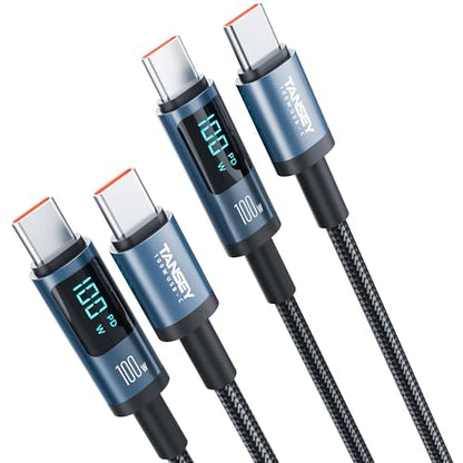 TANSEY USB C to USB C Cable, Type C 100watt Fast Charging Cable with Led Display 6Ft Length, Nylon Braid Cable for iPhone 16 Series, Samsung and More, 2 Pack, Blue