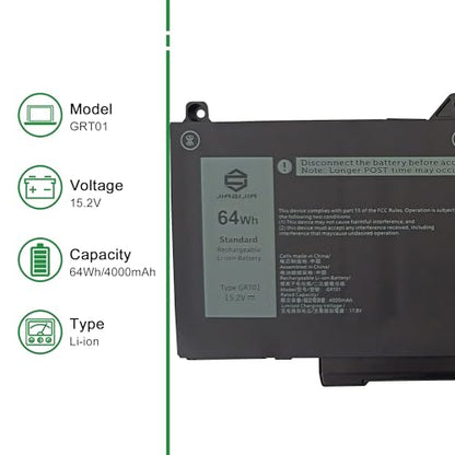 GRT01 Laptop Battery Replacement for Dell Latitude 5421 5431 5521 5531 Precision 3470 3561 3571 3581 3591 Series Notebook 00P3TJ 0P3TJ 0R05P0 R05P0 Black 15.2V 64Wh 4000mAh - size: 12.2*4.5*1.2inch GRT01