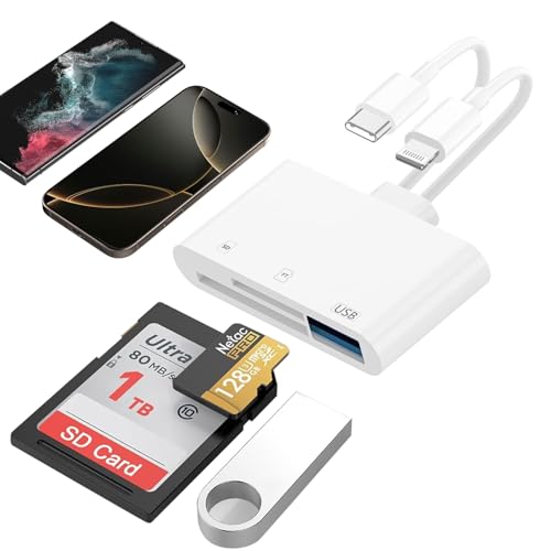 iPhone iPad SD Card Reader, 5-in-1 Lightning to USB Adapter SD Card Viewer with SD/TF Card USB 3.0 Adapter, Memory Card Reader for iPhone iPad MacBook Android SD Card Adapter Plug & Play
