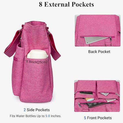 VOLGANIK ROCK Canvas Tote Bag Waterproof Nylon Multi Pocket Shoulder Bags Laptop Work Bag Teacher Purse Handbag for Women Men - color: Pink 2