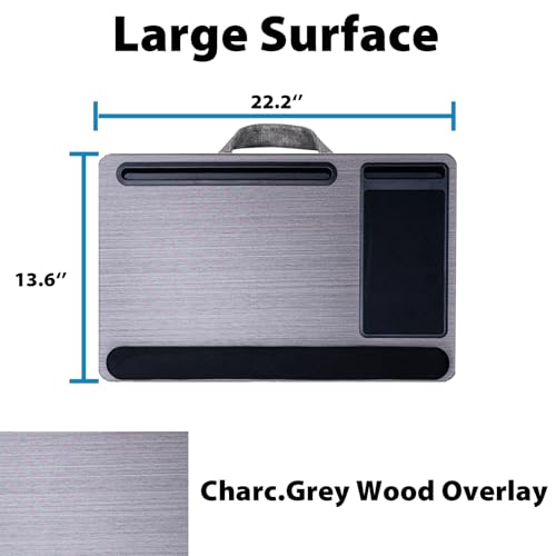 Cyberguys Comfort Lap Desk for Laptop up to 15.6 in – Black with Charcoal | Grey Wood Overlay with Mouse Pad, Phone & Tablet Slot, Dual Cushion Base, Wrist Rest & Carry Handle for Bed Desk Couch Sofa - color: Black With Charcoal Grey Wood Overlay