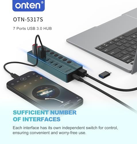 Onten 7-PortUSB 3.0 USB-C Hub, 5Gbps High - Speed Data Transfer, Independent Switches, Wide Compatibility for Laptop, Pad, Phone, Game Console