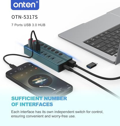 Onten 7-PortUSB 3.0 USB-C Hub, 5Gbps High - Speed Data Transfer, Independent Switches, Wide Compatibility for Laptop, Pad, Phone, Game Console