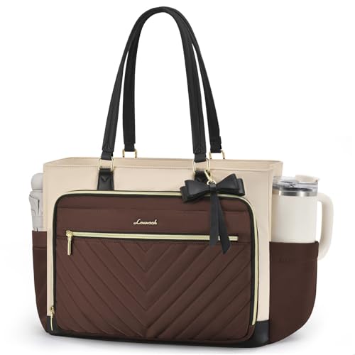 LOVEVOOK Laptop Tote Bag for Women, Work Bag for Nurse with Large Cup Holder, Quilted Diaper Bag for Travel, Computer Women's handbags for Teacher gift, Coffee-apricot-black, 15.6 Inch - color: Coffee-apricot-black, size: 15.6 Inch